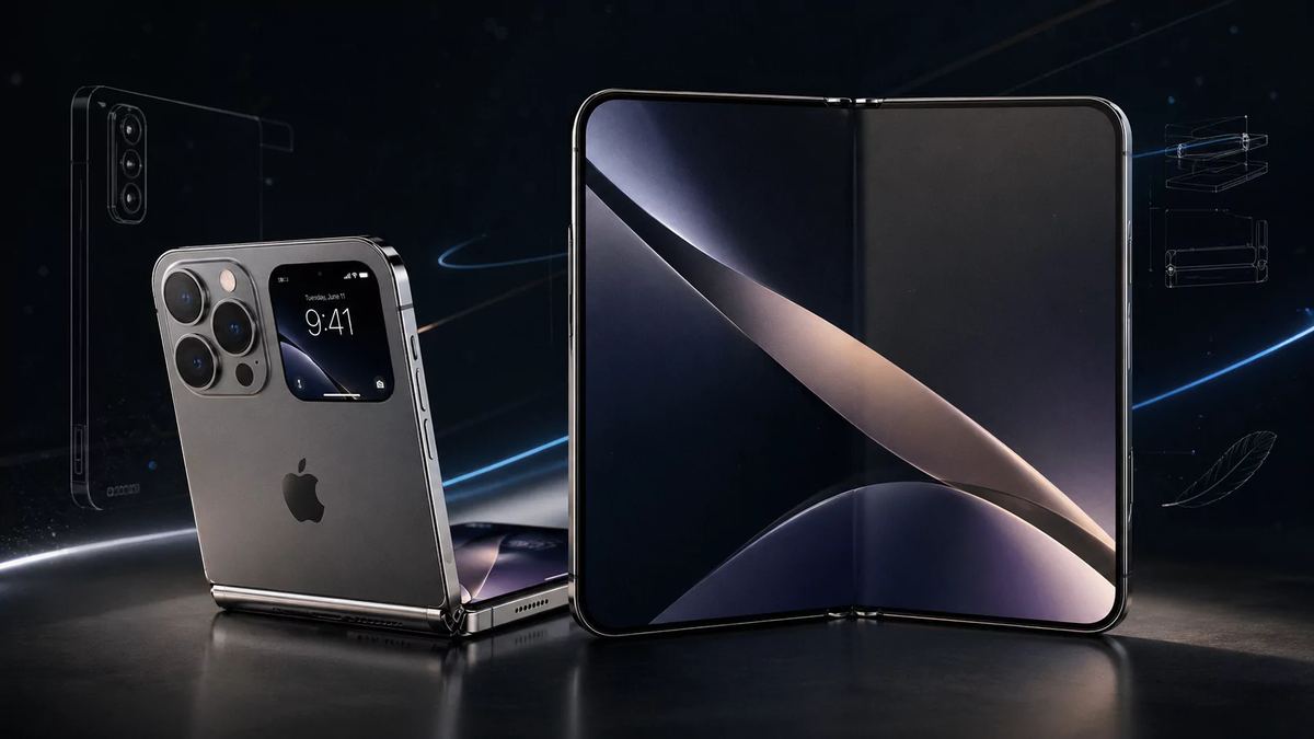 Rumored Apple iPhone Fold or iPhone Ultra concept showing a book-style foldable design with large inner display