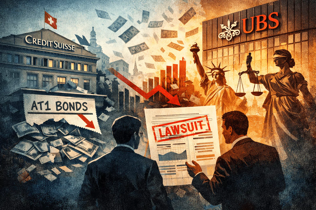 Stylised illustration of the Credit Suisse AT1 bond crisis, New York litigation and UBS legacy exposure